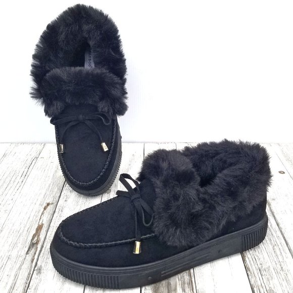 New Black Furry Moccasin Slip on Slipper Loafers - Picture 3 of 5